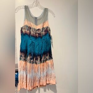 KIMCHI BLUE Floral Sleeveless Dress with Blue and Peach Tones